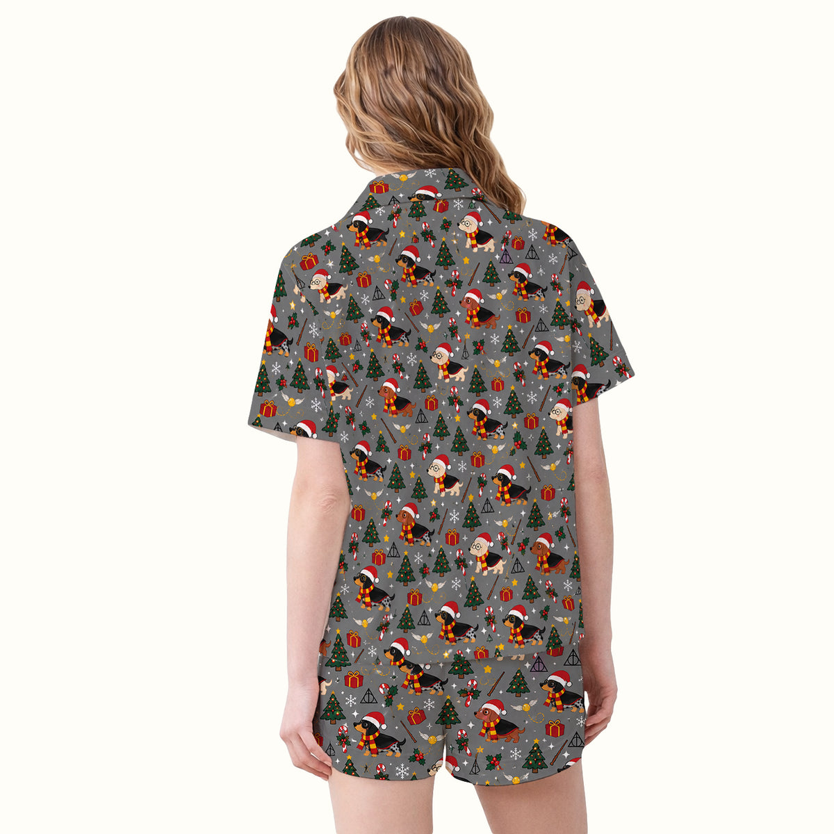 Christmas Wizard Dachshunds Pattern Pajama Set, Soft Breathable Fabric Comfortable Sleepwear