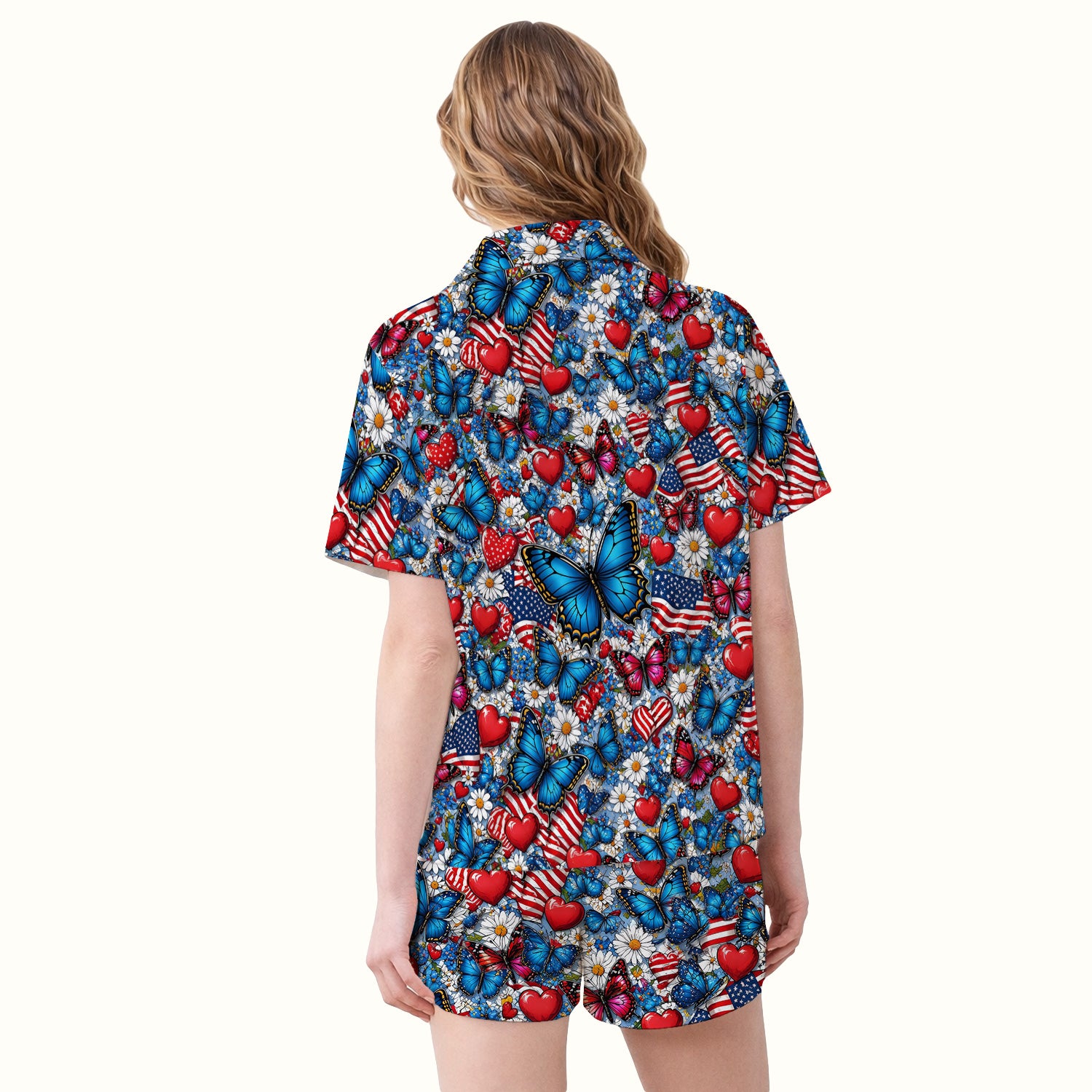 Festive Patriotic Butterfly Heart Floral Pattern Pajama Set, Soft Breathable Fabric Comfortable Sleepwear
