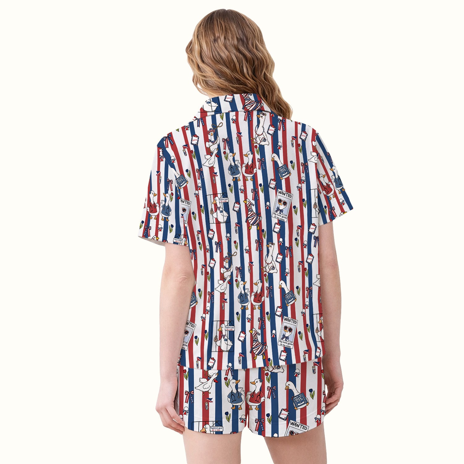 Funny Patriotic Goose Nurse Pattern Pajama Set, Soft Breathable Fabric Comfortable Sleepwear