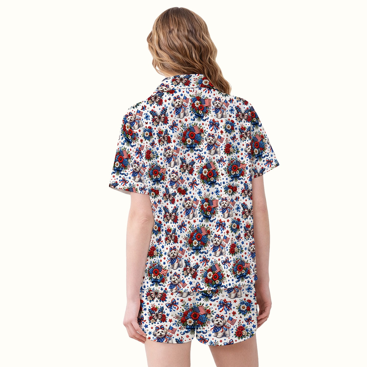 Patriotic Puppy Floral Bouquet Pattern Pajama Set, Soft Breathable Fabric Comfortable Sleepwear