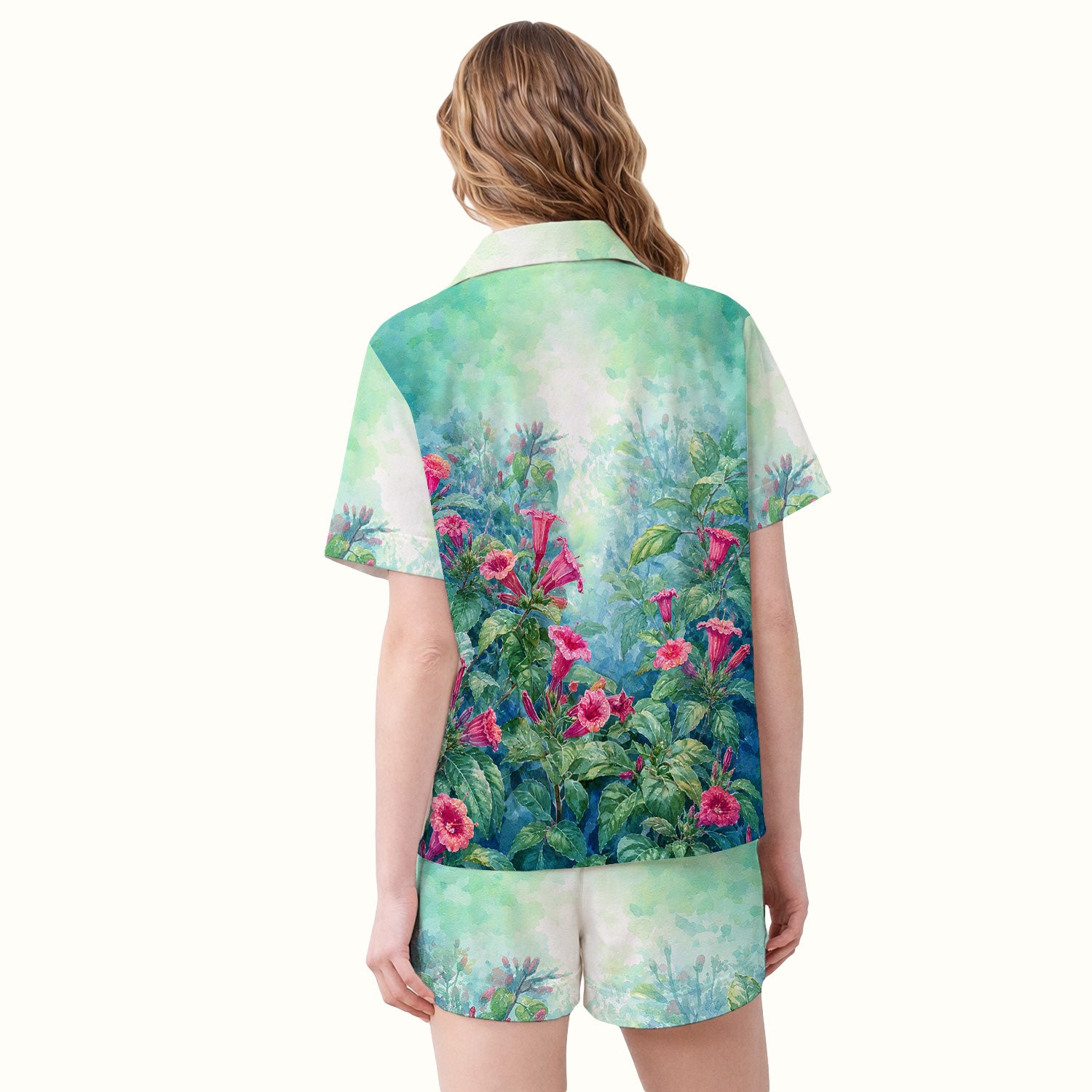 Vintage Hummingbird Floral Garden Pattern Pajama Set, Soft Breathable Fabric Comfortable Sleepwear