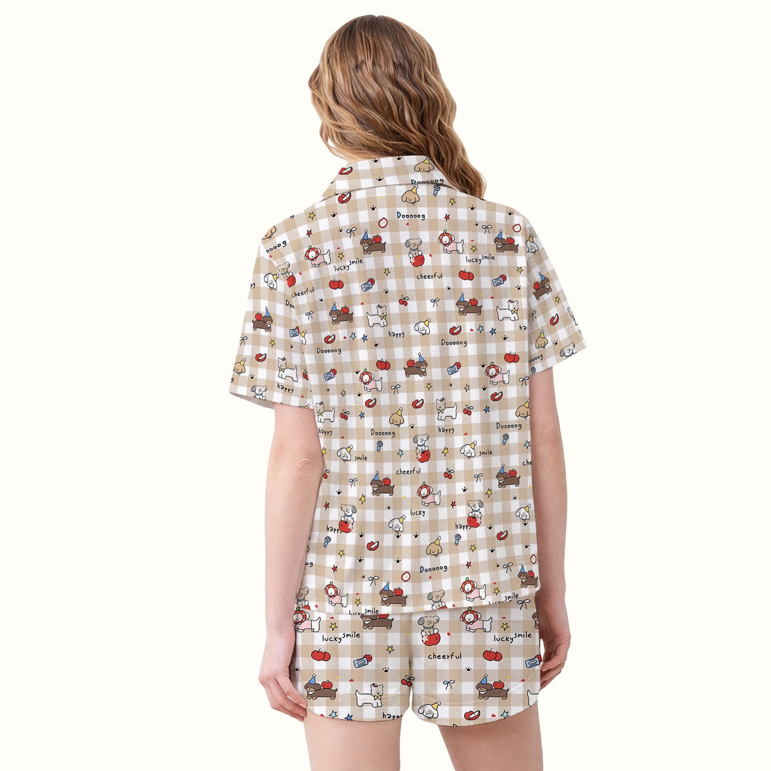 Cute Nurse Cartoon Puppy Apple Gingham Pajama Set, Breathable Fabrics Uniform