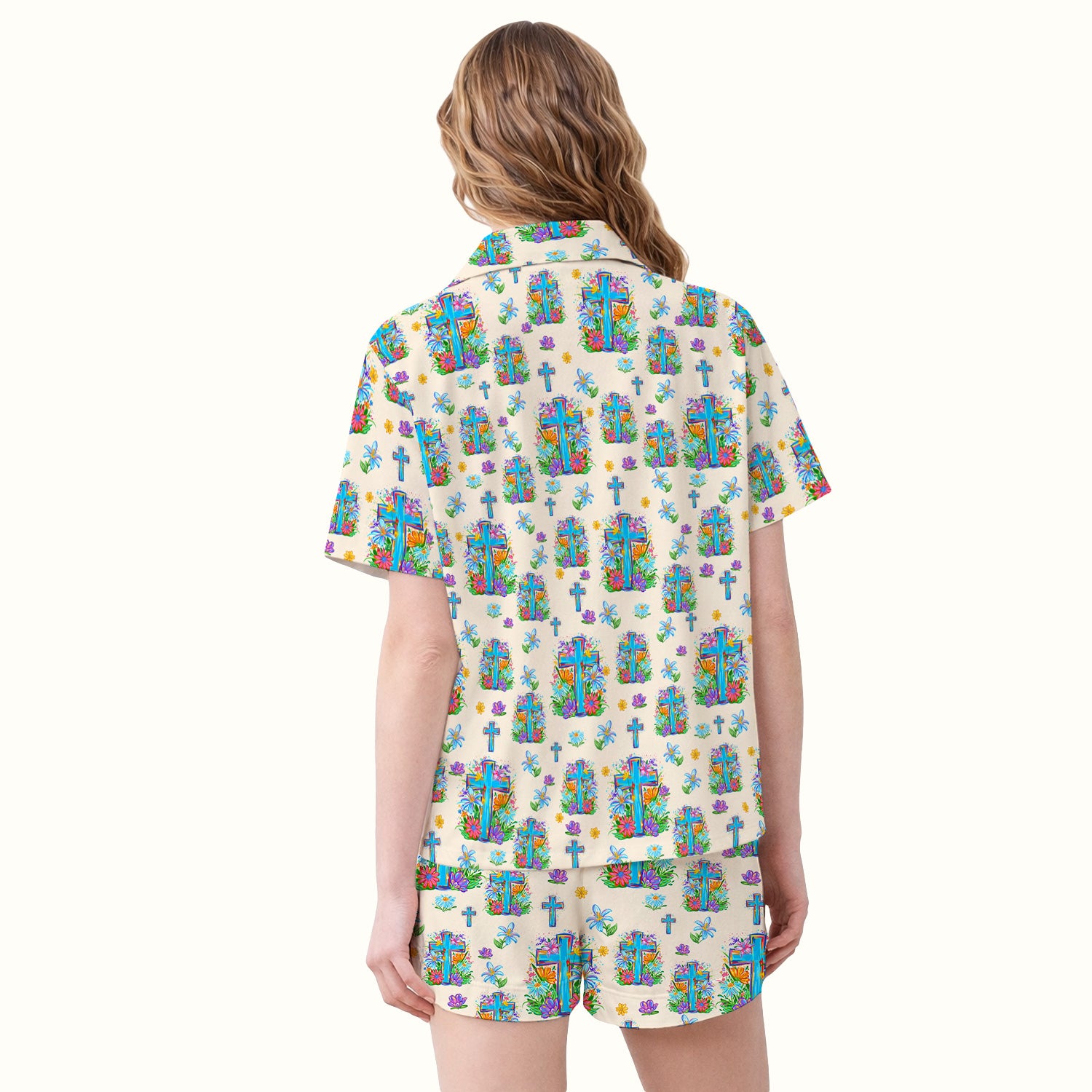 Christian Floral Cross Spring Pattern Pajama Set, Breathable Fabrics Uniform