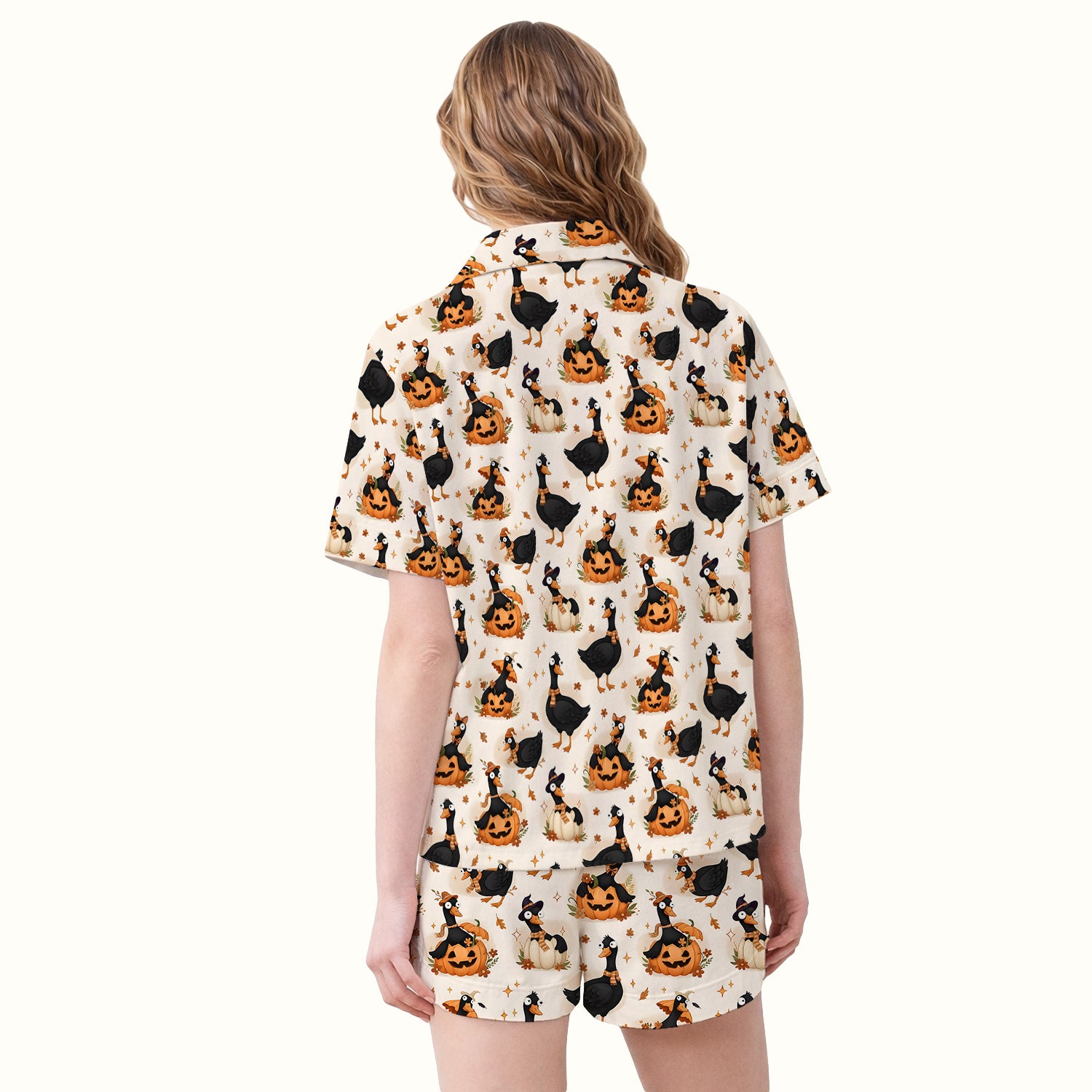 Pumpkin Black Goose Print Pajama Set, Soft Breathable Fabric Comfortable Sleepwear