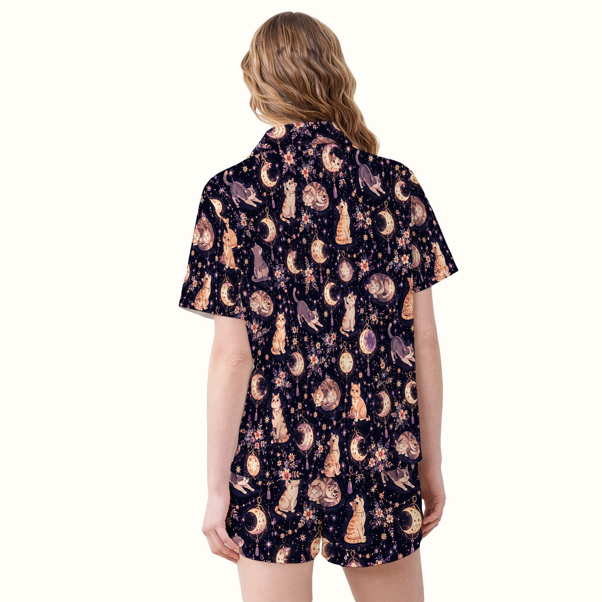 Celestial Cat Pattern Pajama Set, Soft Breathable Fabric Comfortable Sleepwear