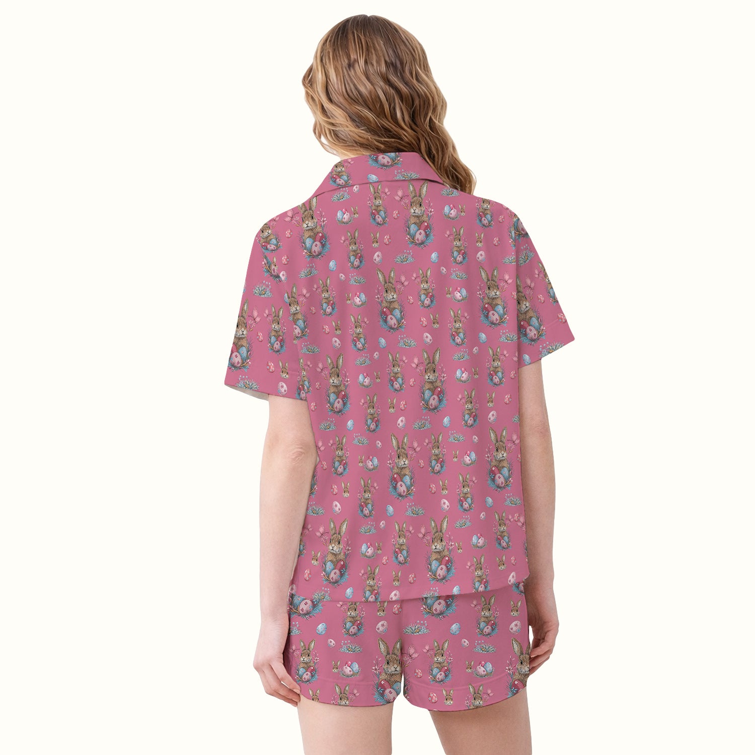 Pastel Easter Bunny Nest Pattern Pajama Set, Breathable Fabrics Uniform