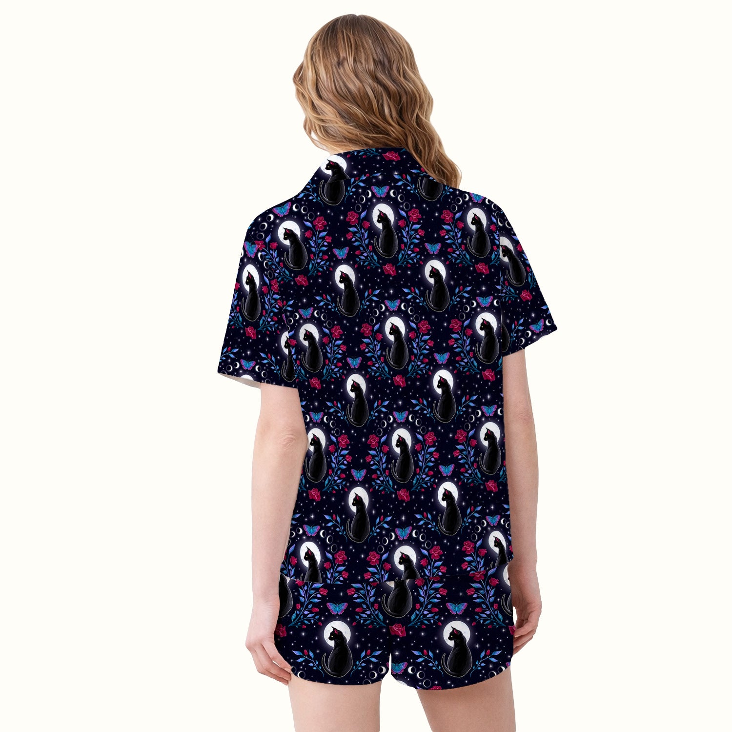 Black Cat Moon Rose Print Pajama Set, Soft Breathable Fabric Comfortable Sleepwear