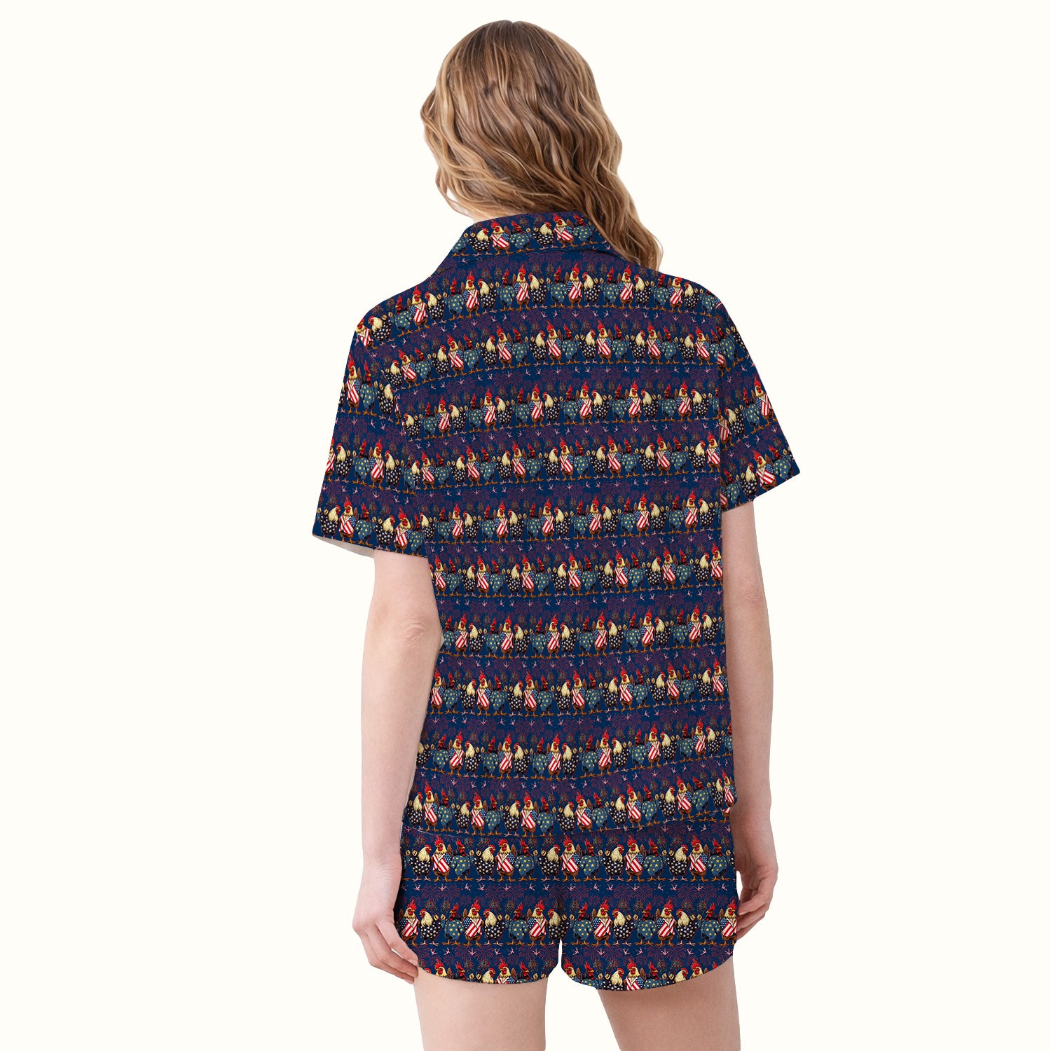 Patriotic Rooster Fireworks Pattern Pajama Set, Breathable Fabrics Uniform