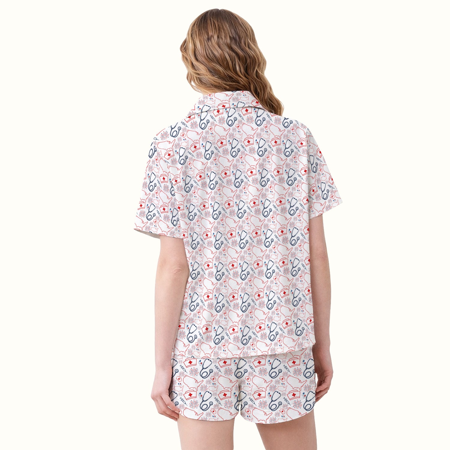 Patriotic Nurse Stethoscope Flag Pattern Pajama Set, Soft Breathable Fabric Comfortable Sleepwear