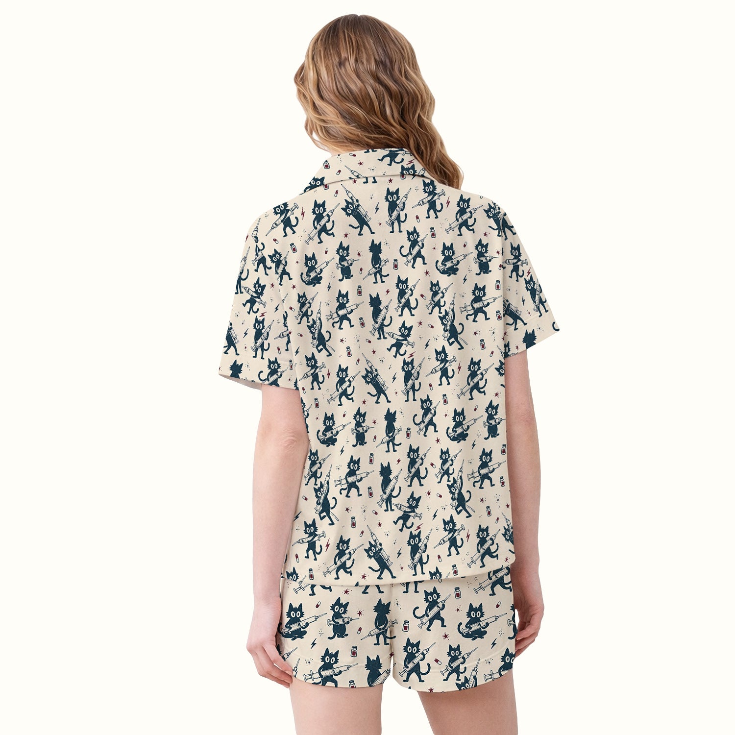 Funny Black Cats With Syringes Pajama Set, Soft Breathable Fabric Comfortable Sleepwear