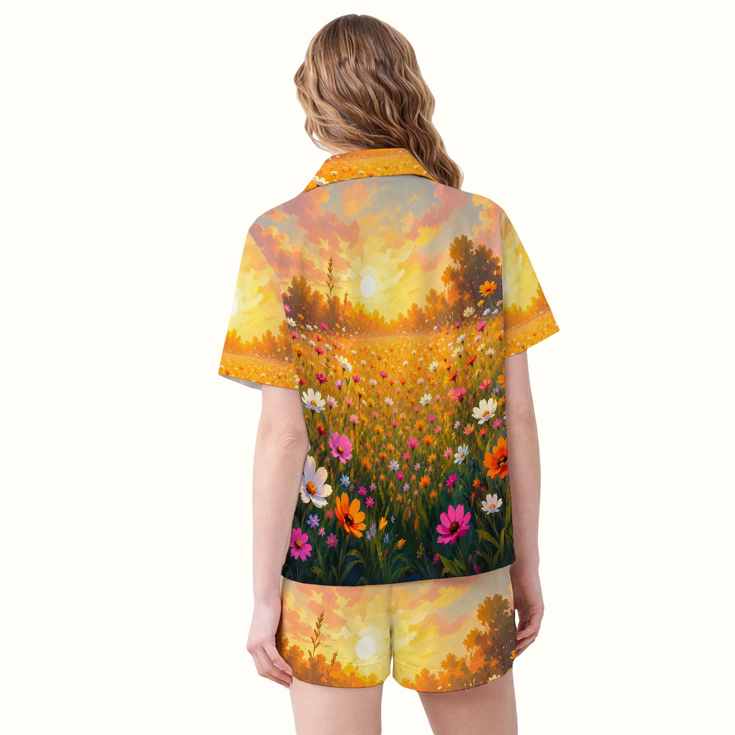 Cute Floral Meadow Dog Print Pajama Set, Soft Breathable Fabric Comfortable Sleepwear