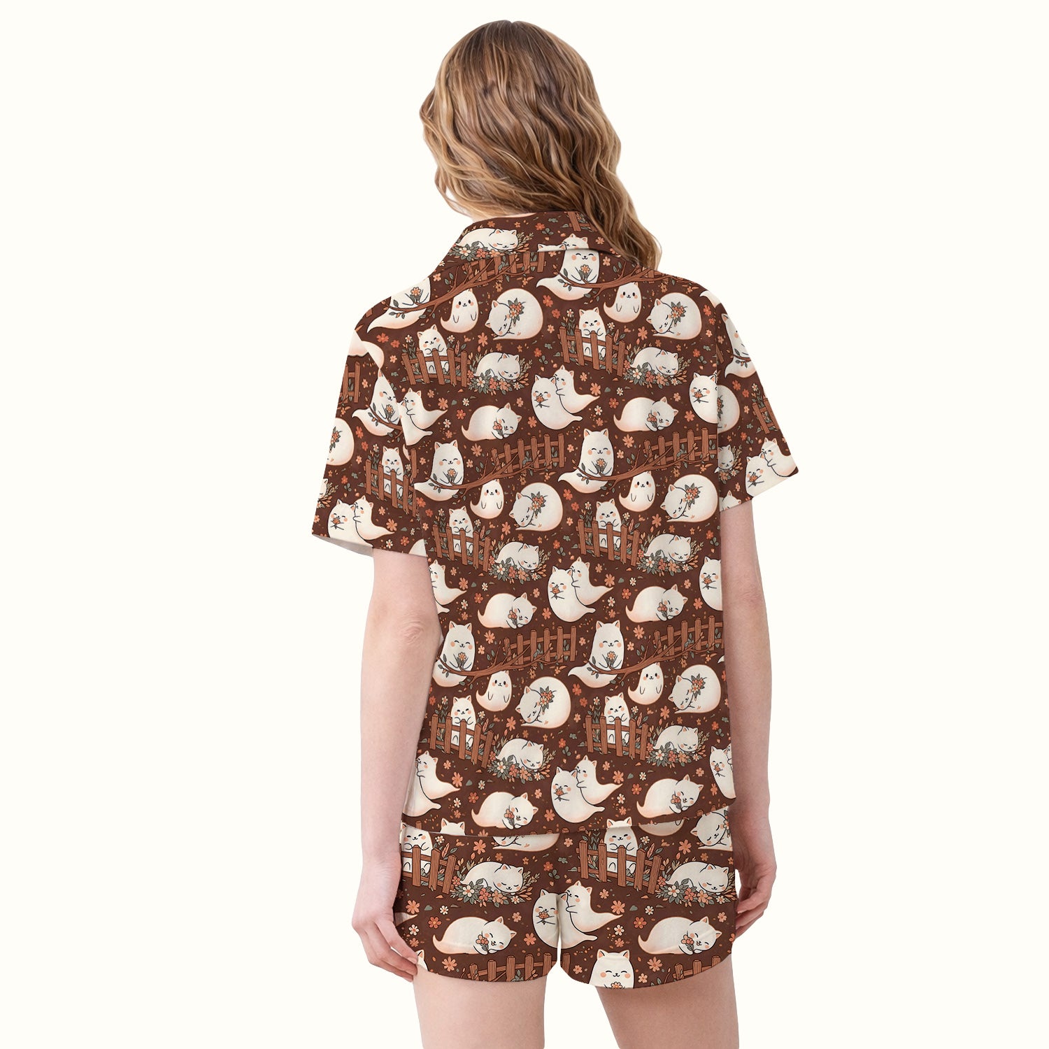 Floral Cat with Garden Fence Print Pajama Set, Soft Breathable Fabric Comfortable Sleepwear
