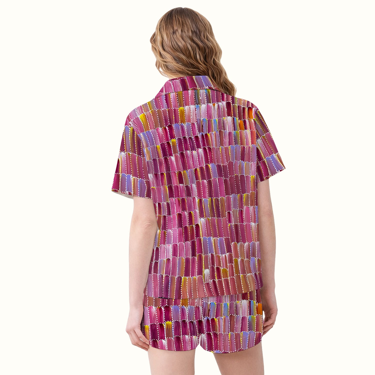Colorful Abstract Brushstroke Dotted Pattern Pajama Set, Soft Breathable Fabric Comfortable Sleepwear