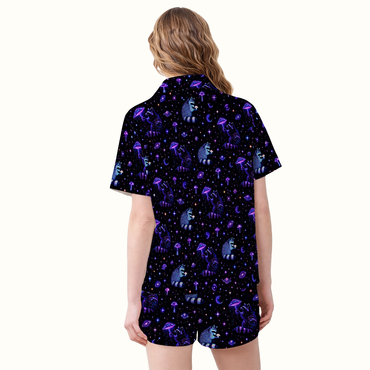 Cute Raccoon Mushroom Galaxy Pattern Pajama Set, Soft Breathable Fabric Comfortable Sleepwear