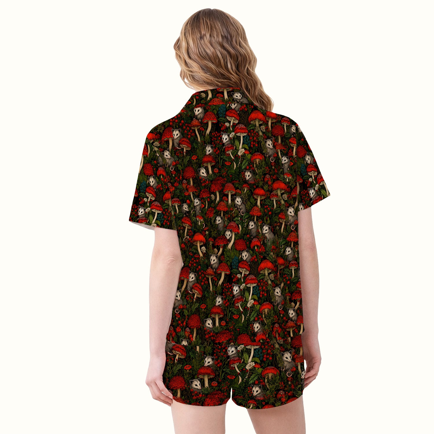 Woodland Opossum Red Mushroom Pattern Pajama Set, Soft Breathable Fabric Comfortable Sleepwear