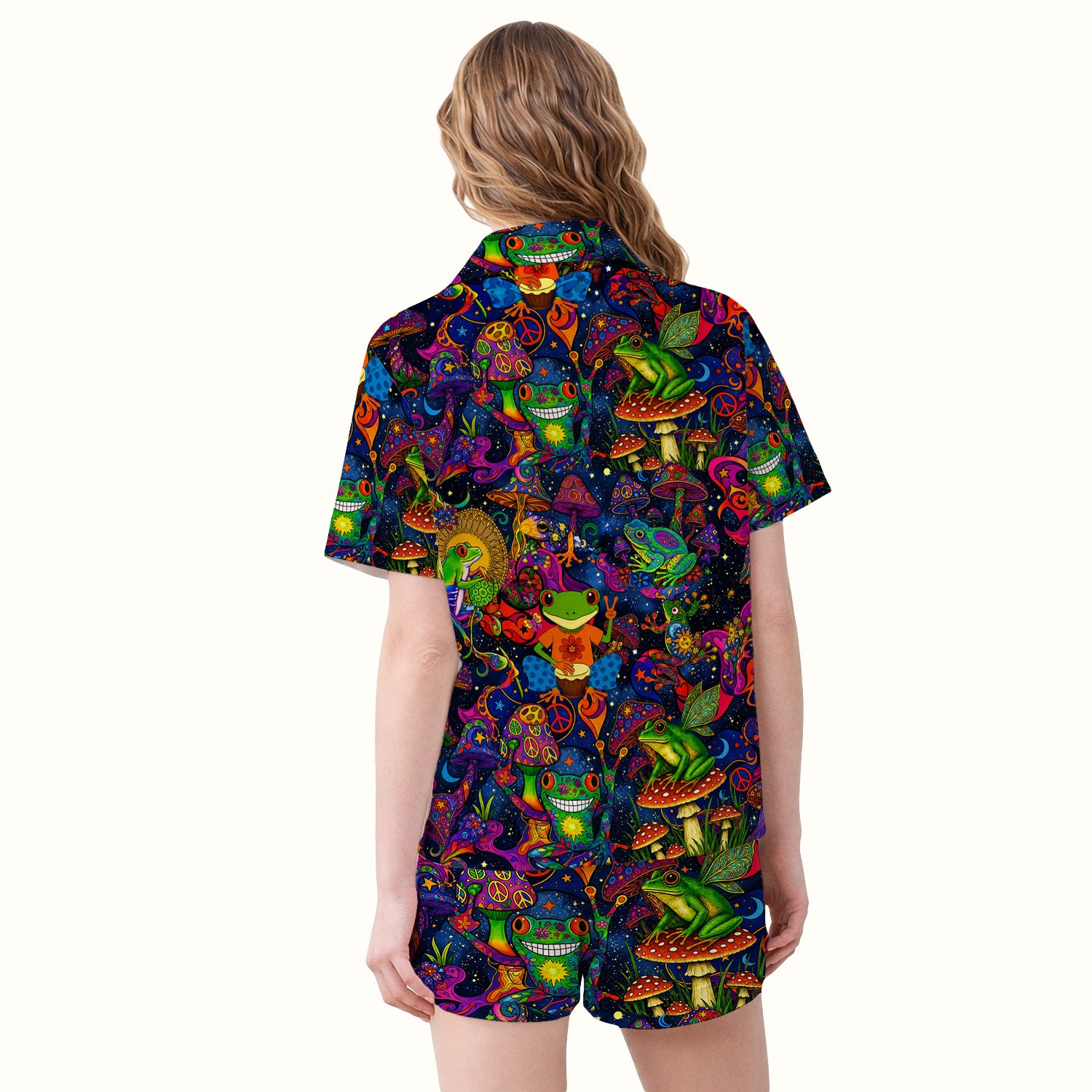 Psychedelic Frog with Mushroom Peace Print Pajama Set, Soft Breathable Fabric Comfortable Sleepwear