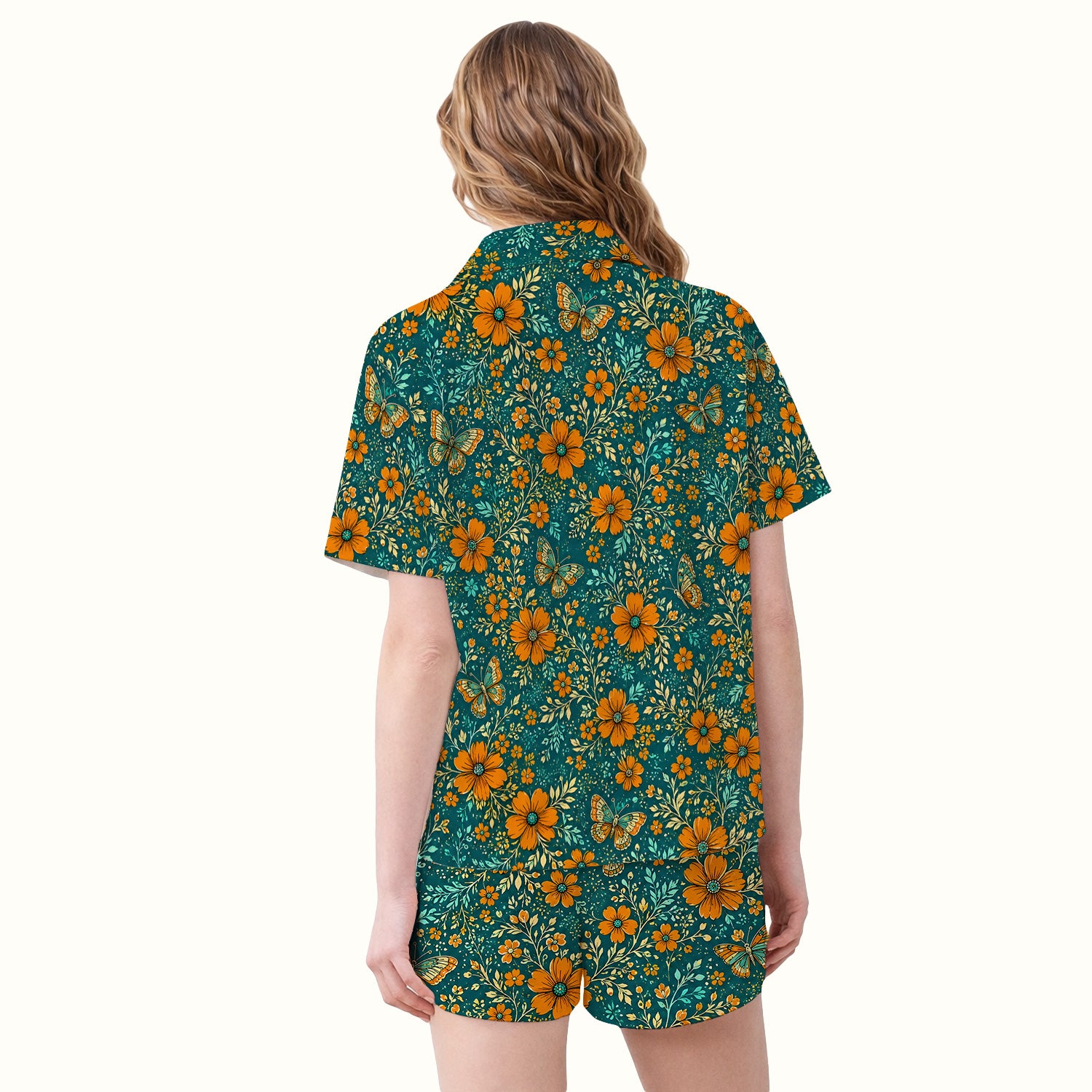 Orange Floral Butterfly Vine Pattern Pajama Set, Soft Breathable Fabric Comfortable Sleepwear