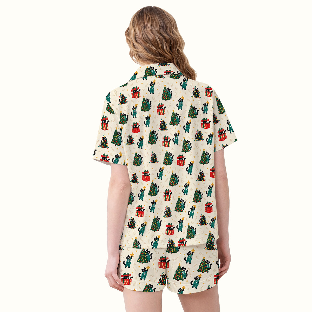 Christmas Black Nurse Cats And Trees Pajama Set, Soft Breathable Fabric Comfortable Sleepwear