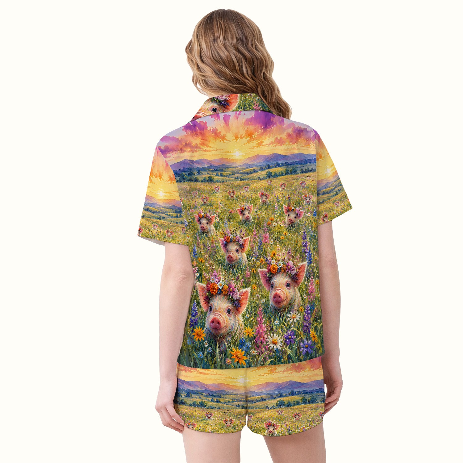 Cute Floral Piglet Pediatric Pattern Pajama Set, Soft Breathable Fabric Comfortable Sleepwear