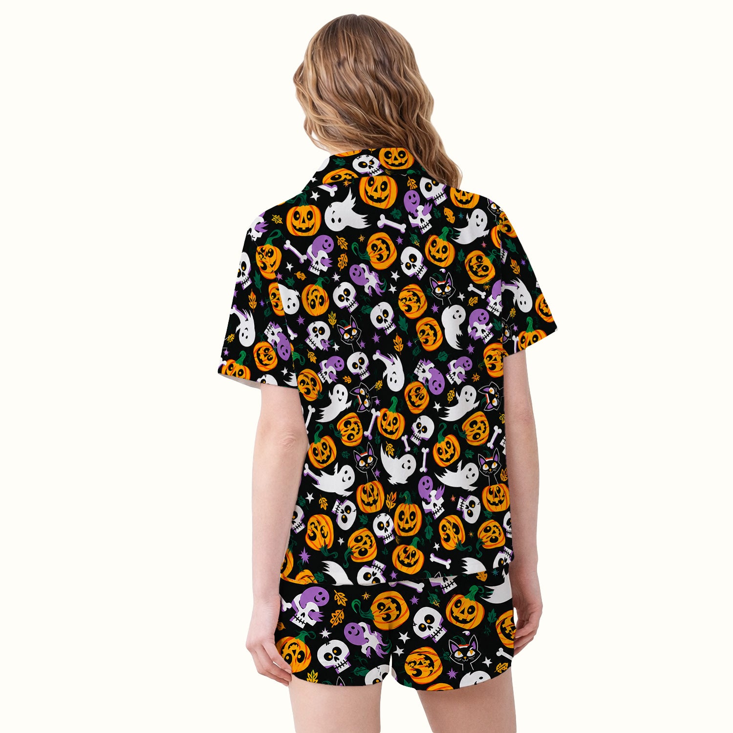 Spooky Pumpkin Ghost Print Pajama Set, Soft Breathable Fabric Comfortable Sleepwear