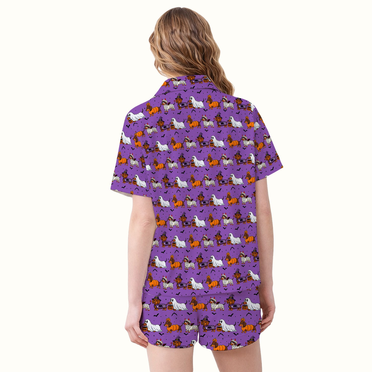 Halloween Dachshund with Bat Pattern Pajama Set, Soft Breathable Fabric Comfortable Sleepwear