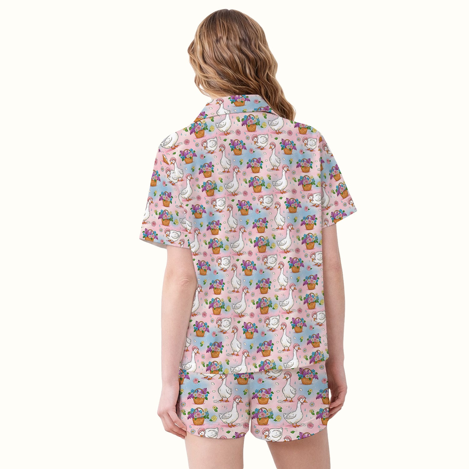 Cute Spring Goose Flower Basket Pattern Pajama Set, Soft Breathable Fabric Comfortable Sleepwear