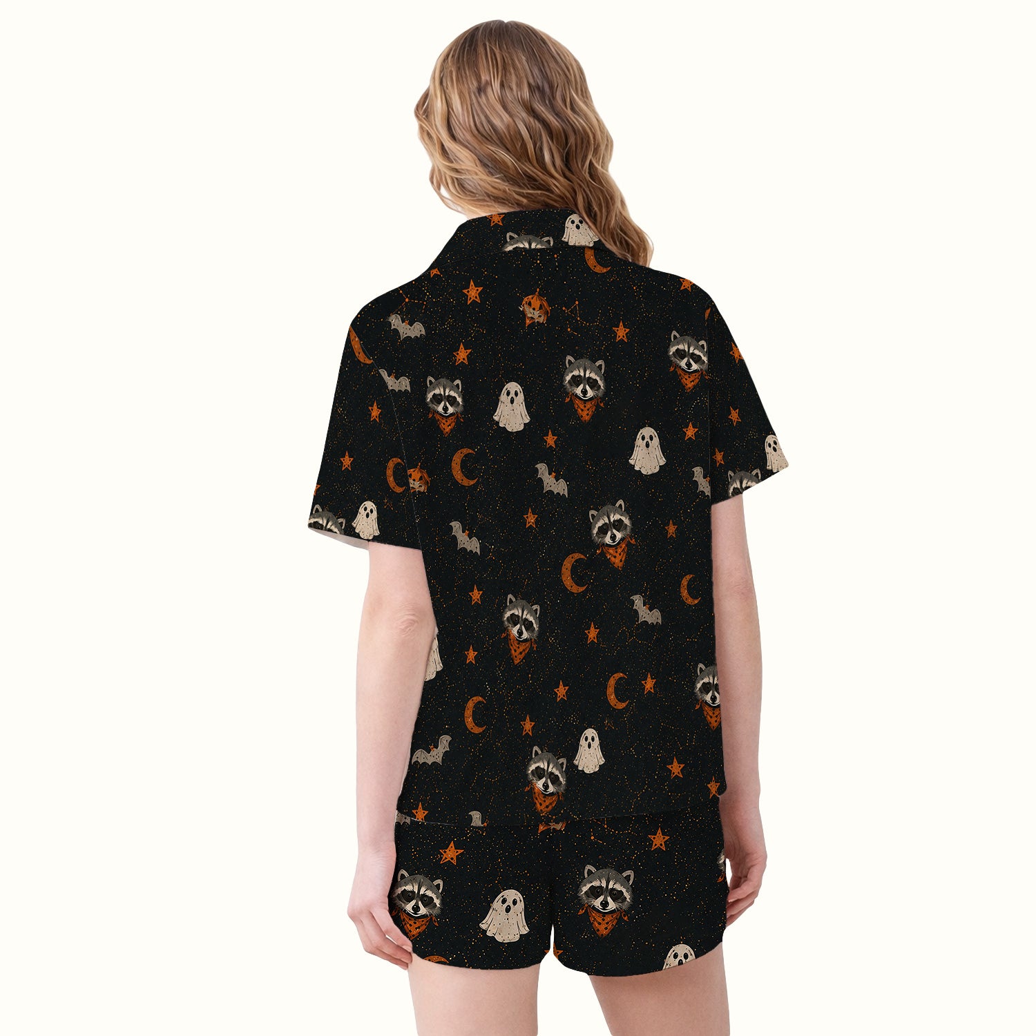 Ghost Pumpkin Raccoon Pattern Pajama Set, Soft Breathable Fabric Comfortable Sleepwear
