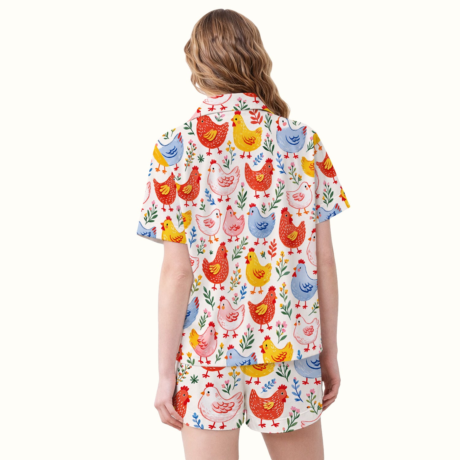 Fun Cartoon Hen Print Pajama Set, Breathable Fabrics Uniform