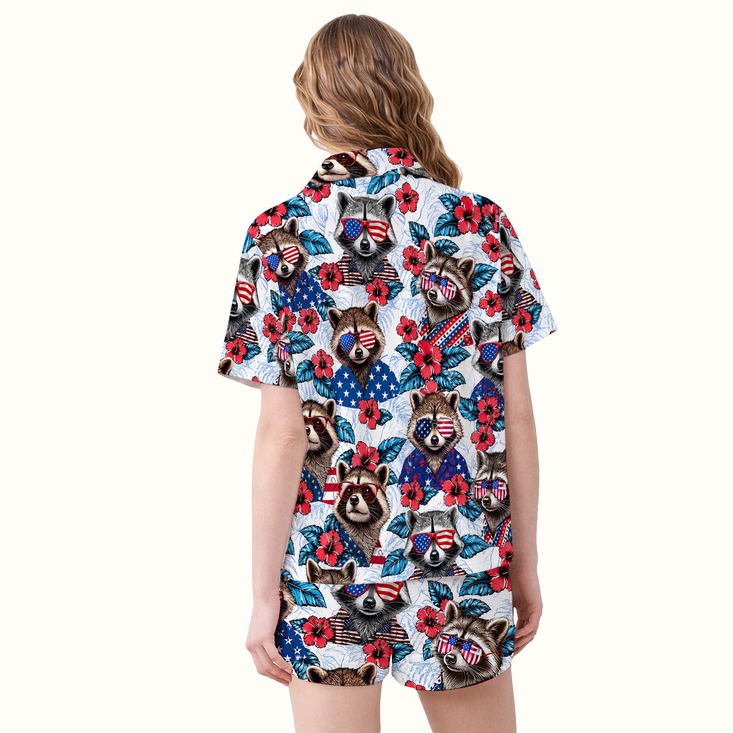 Funny Patriotic Raccoon Sunglasses Pattern Pajama Set, Soft Breathable Fabric Comfortable Sleepwear