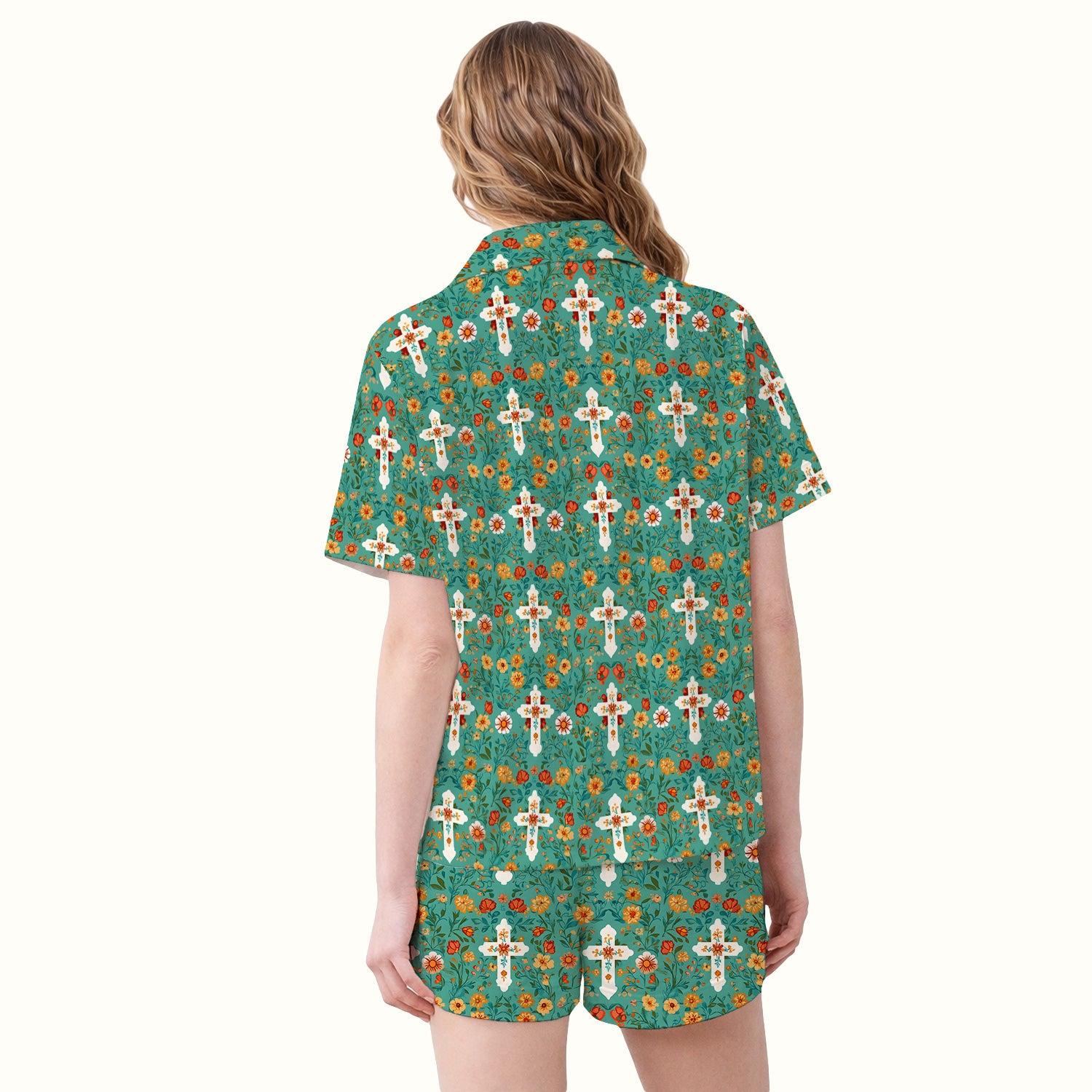 Christian Faith Floral Cross Pattern Pajama Set, Soft Breathable Fabric Comfortable Sleepwear