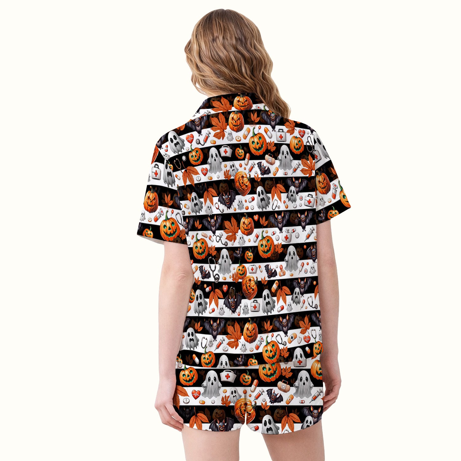 Halloween Ghost And Medical Icons Pajama Set, Soft Breathable Fabric Comfortable Sleepwear