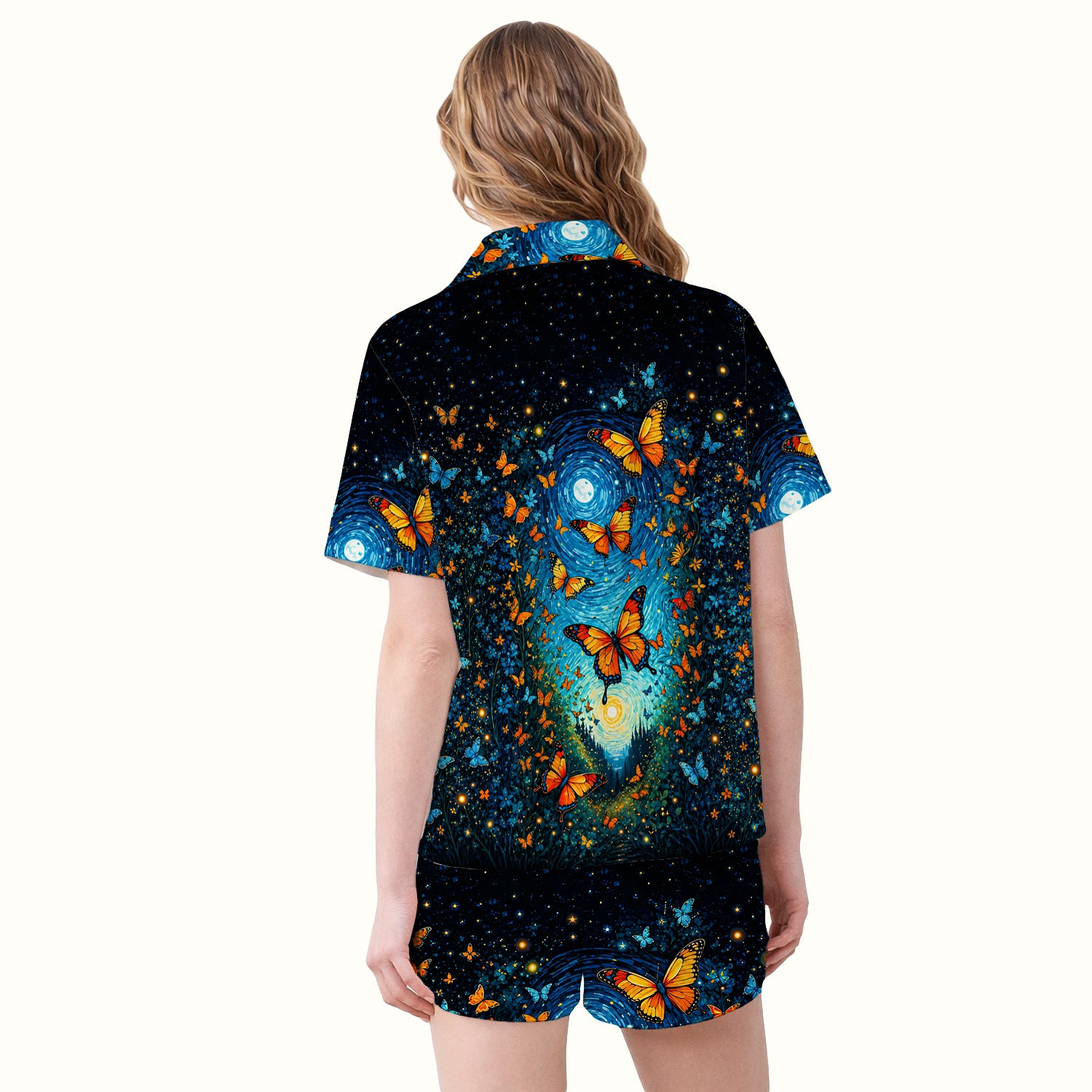 Moonlit Butterfly Nurse Pattern Pajama Set, Soft Breathable Fabric Comfortable Sleepwear