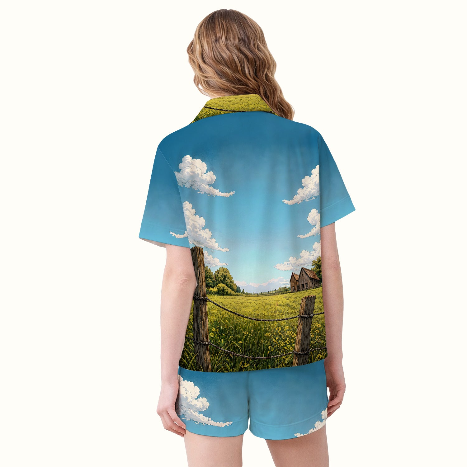 Curious Highland Cow Farm Scene Pajama Set, Soft Breathable Fabric Comfortable Sleepwear