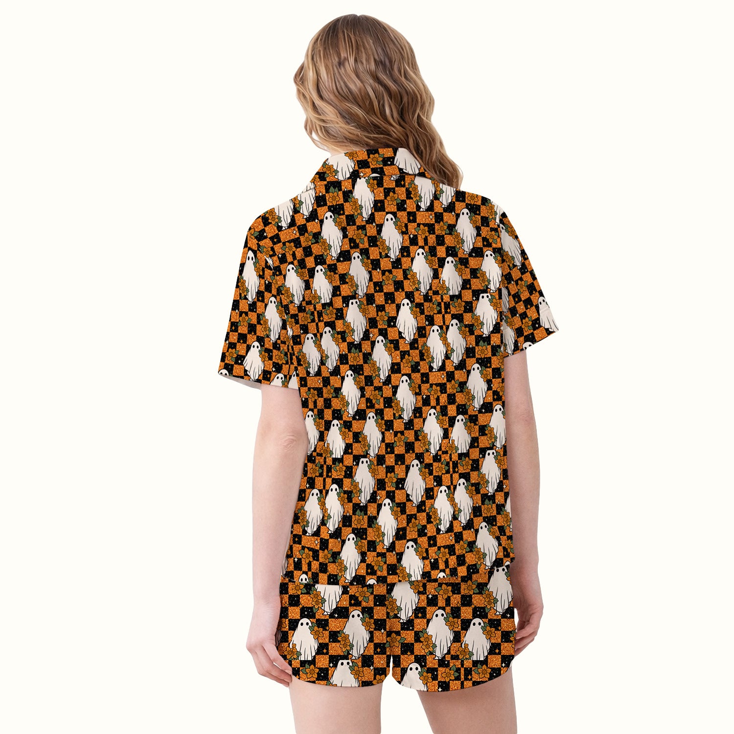 Spooky Halloween Ghost Checkerboard Pajama Set, Soft Breathable Fabric Comfortable Sleepwear
