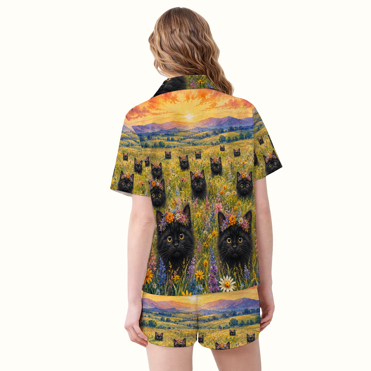 Black Kitten Flower Meadow Pattern Pajama Set, Soft Breathable Fabric Comfortable Sleepwear
