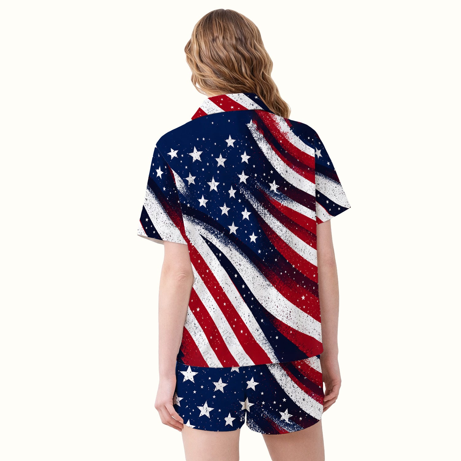 Festive American Flag Stars Pattern Pajama Set, Soft Breathable Fabric Comfortable Sleepwear