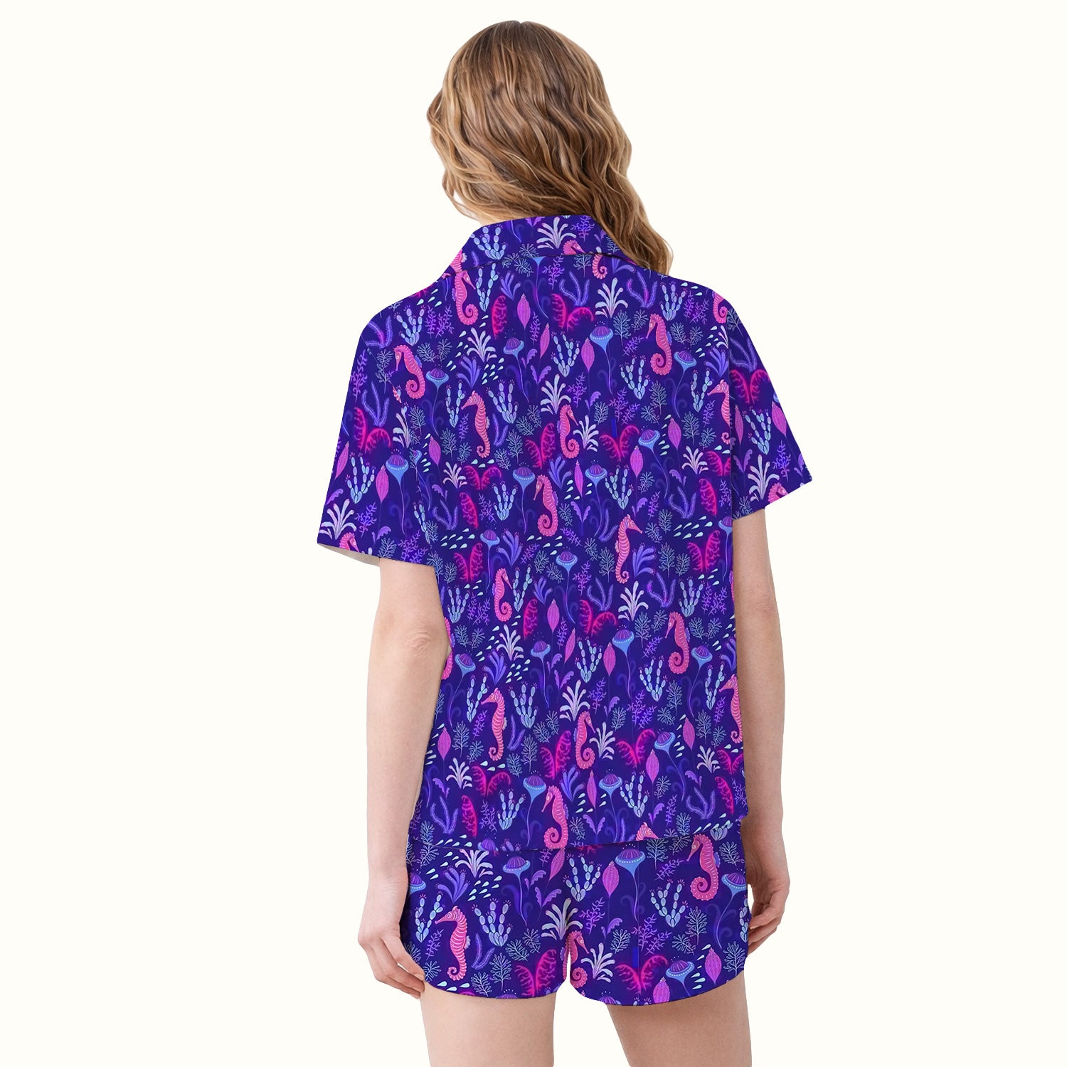 Purple Seahorse Ocean Pattern Pajama Set, Soft Breathable Fabric Comfortable Sleepwear