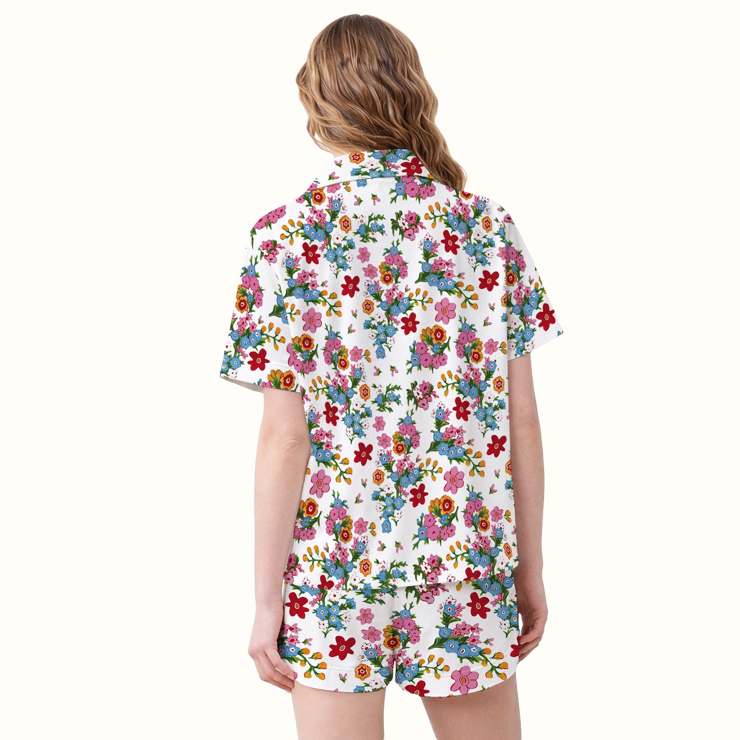 Charming Vintage Floral Bouquet Pattern Pajama Set, Breathable Fabrics Uniform