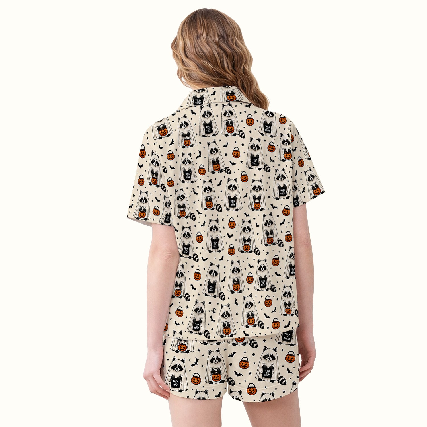 Cute Halloween Ghost Raccoon Pajama Set, Soft Breathable Fabric Comfortable Sleepwear