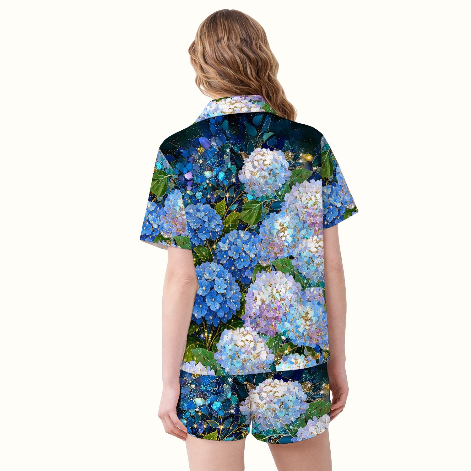 Blue Hydrangea Floral Pattern Pajama Set, Breathable Fabrics Uniform