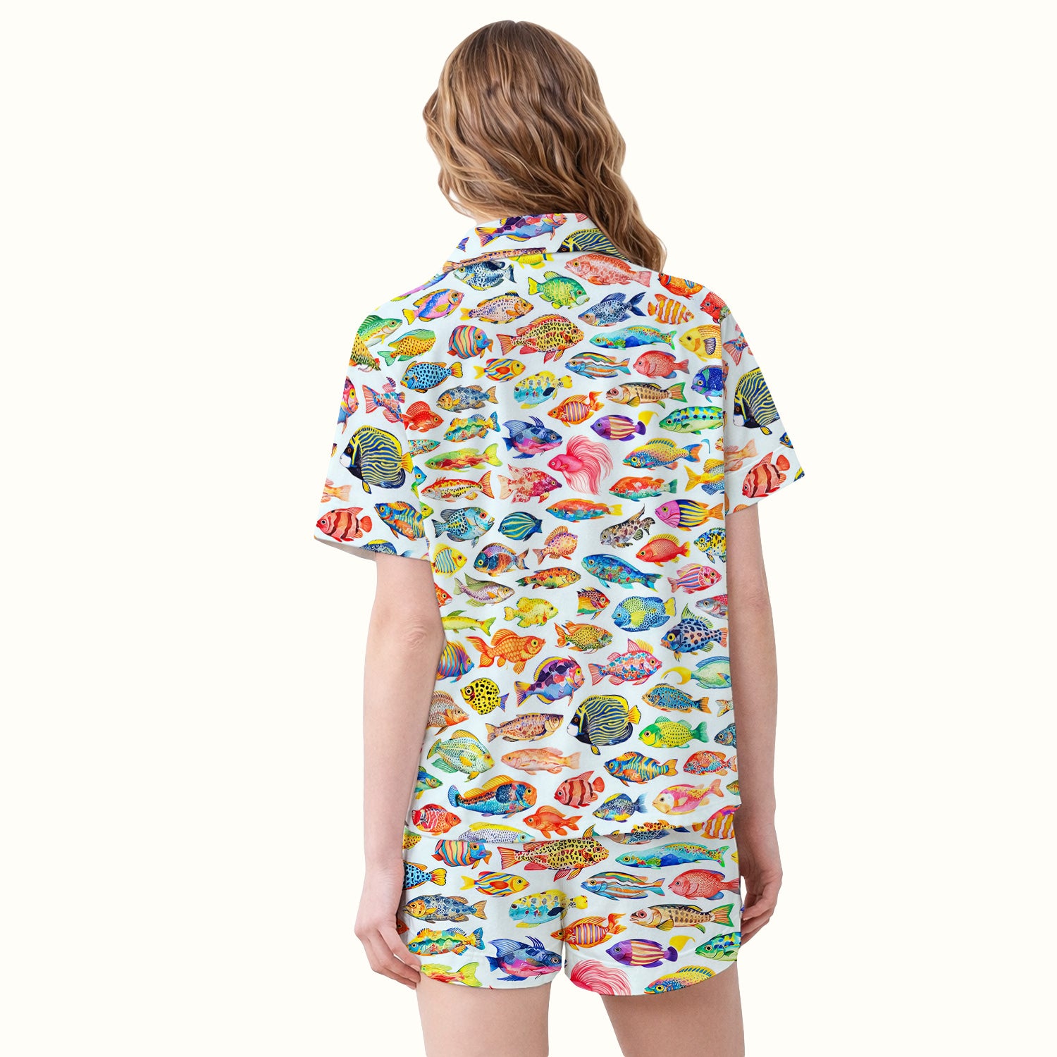 Colorful Tropical Fish Pattern Pajama Set, Soft Breathable Fabric Comfortable Sleepwear