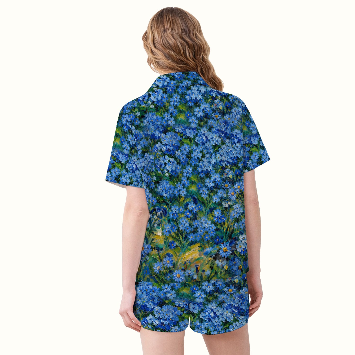 Cute Blue Floral Cat Pattern Pajama Set, Soft Breathable Fabric Comfortable Sleepwear