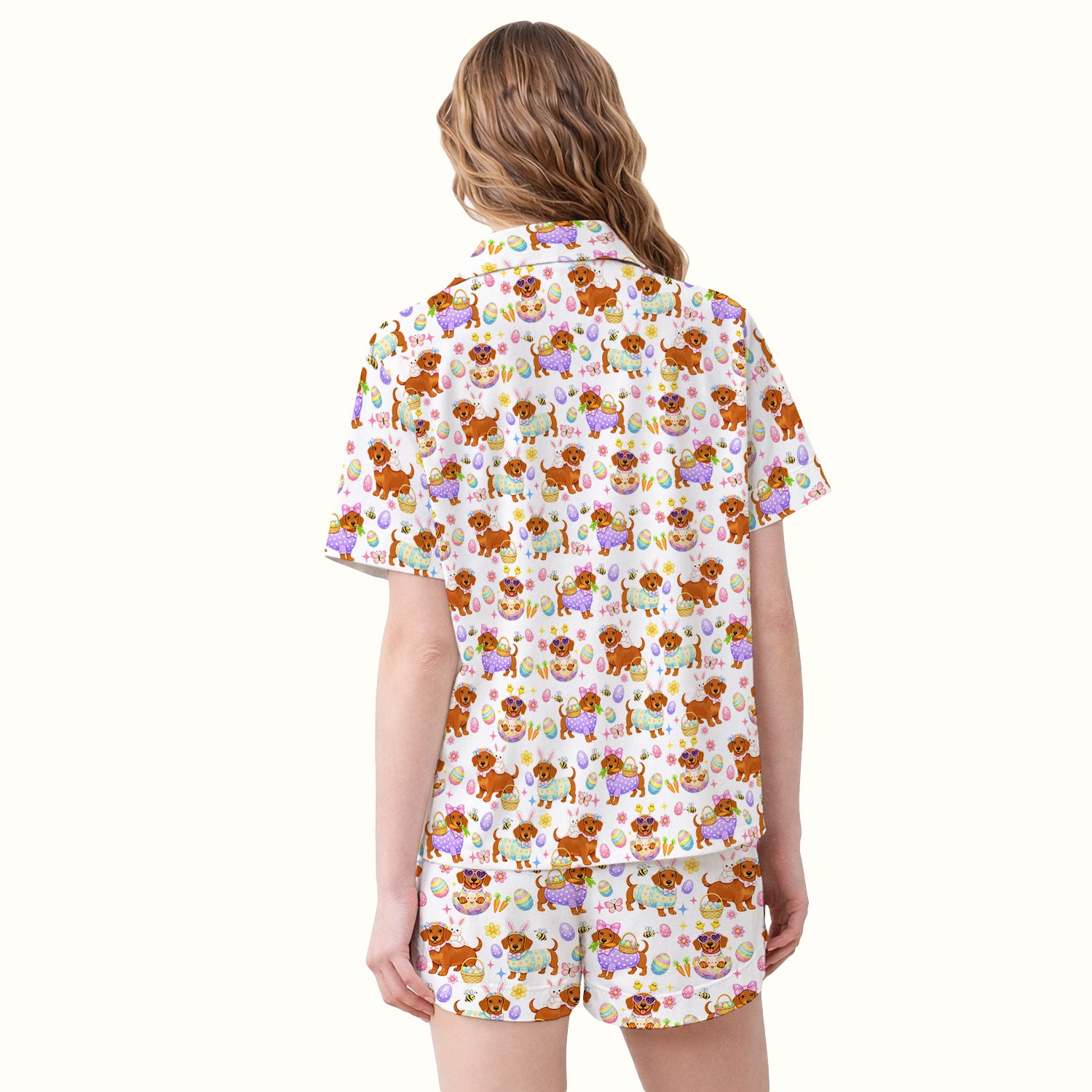 Cute Easter Dachshund Dog Pattern Pajama Set, Breathable Fabrics Uniform