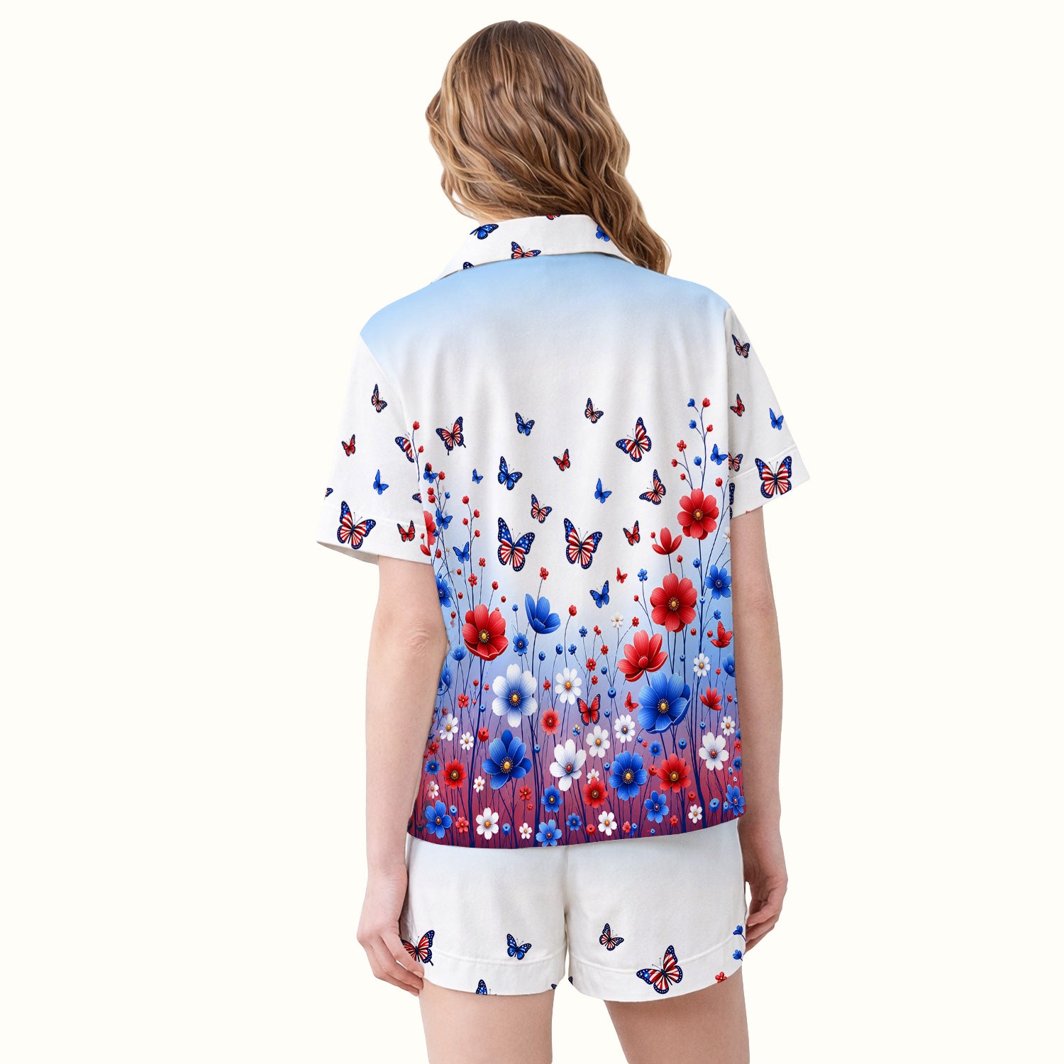 Patriotic Butterfly Wildflower Garden Pattern Pajama Set, Soft Breathable Fabric Comfortable Sleepwear