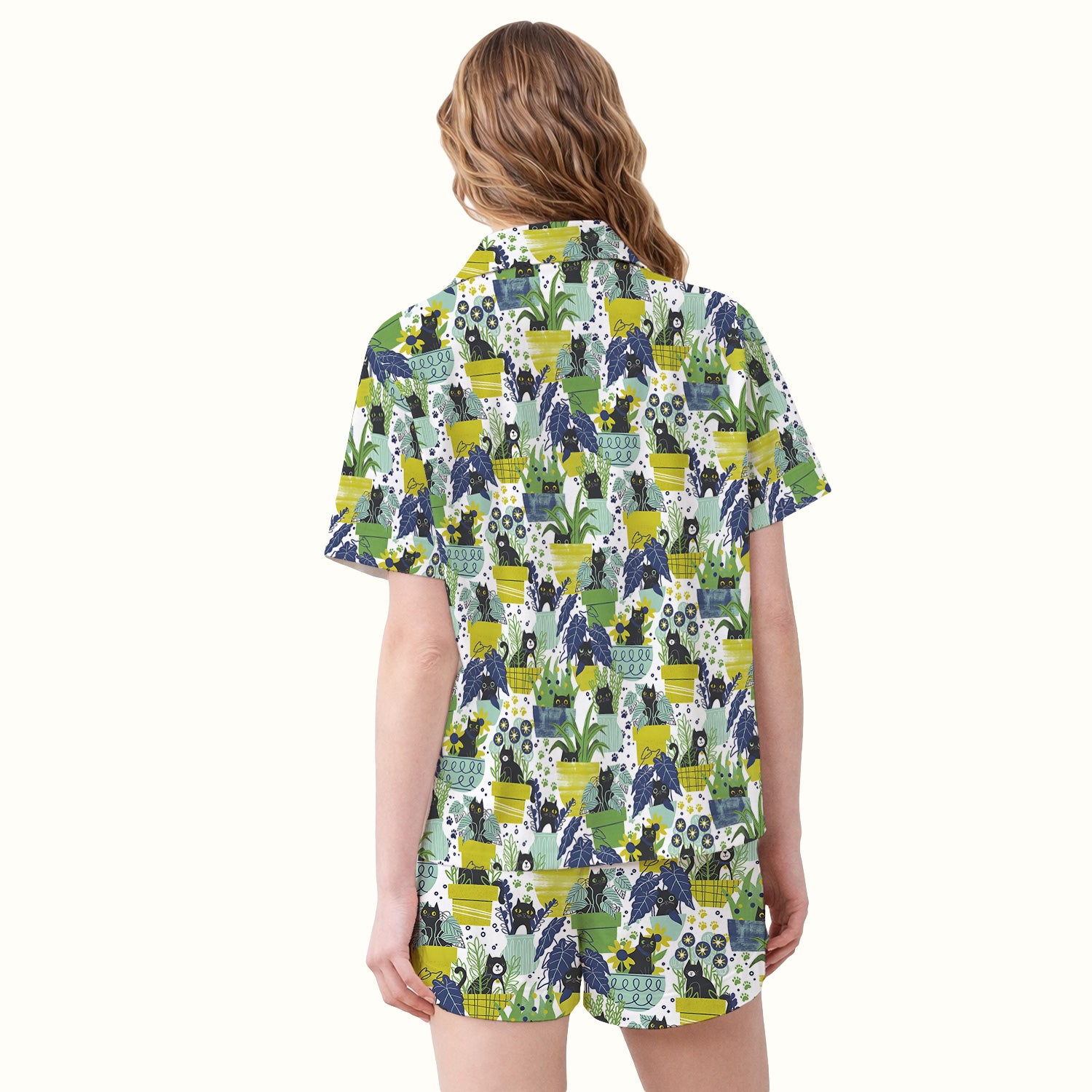 Black Cat Planter Garden Pattern Pajama Set, Soft Breathable Fabric Comfortable Sleepwear