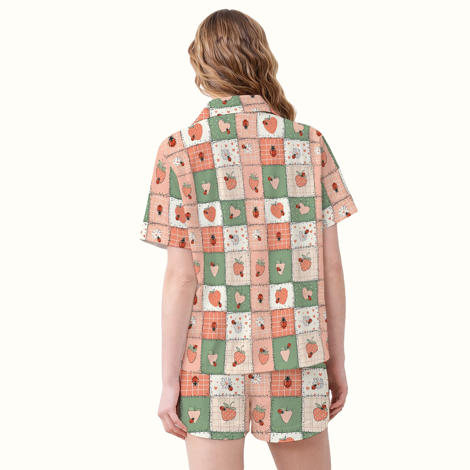 Strawberry Ladybug Patchwork Pattern Pajama Set, Soft Breathable Fabric Comfortable Sleepwear