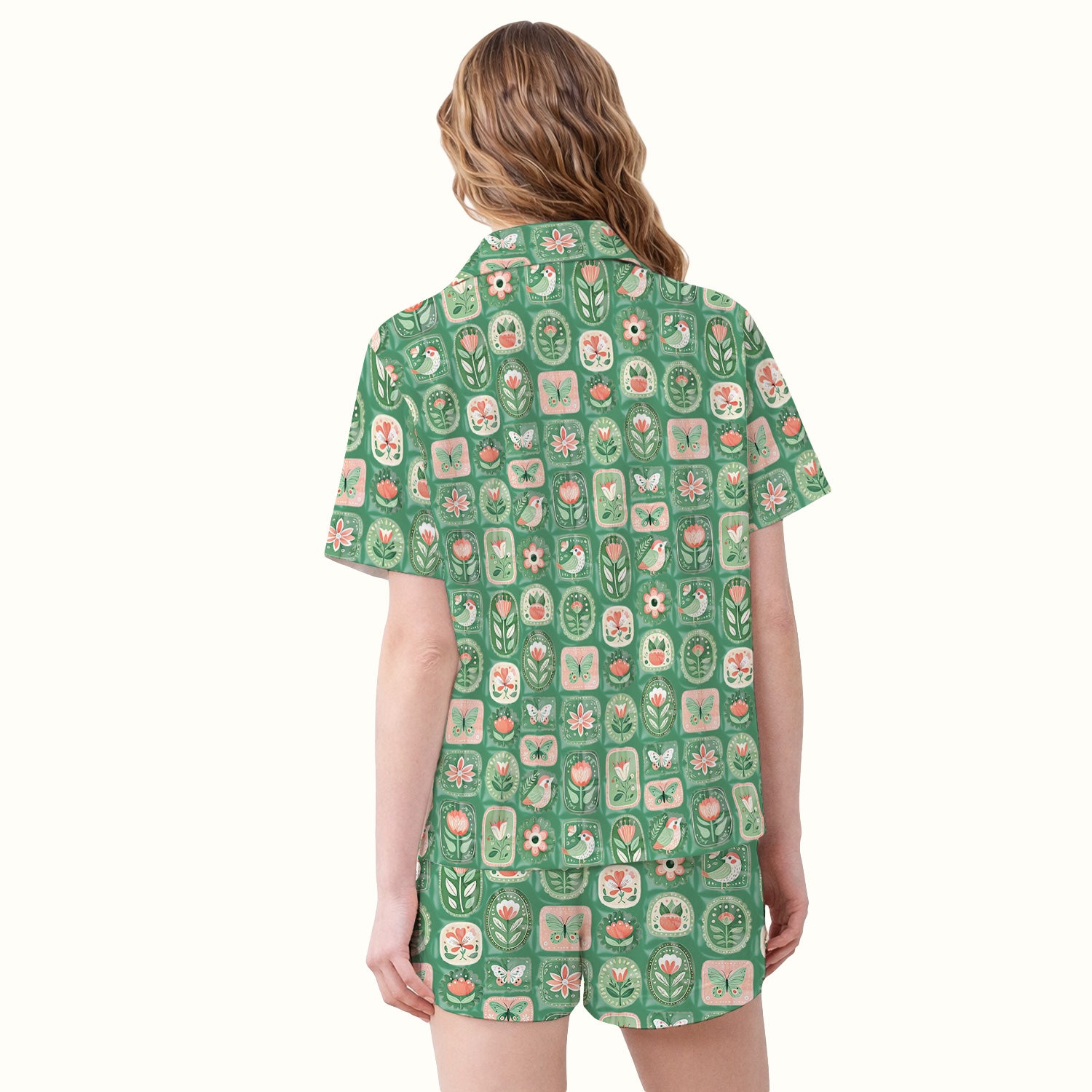 Folk Art Floral Bird Butterfly Garden Pattern Pajama Set, Soft Breathable Sleepwear
