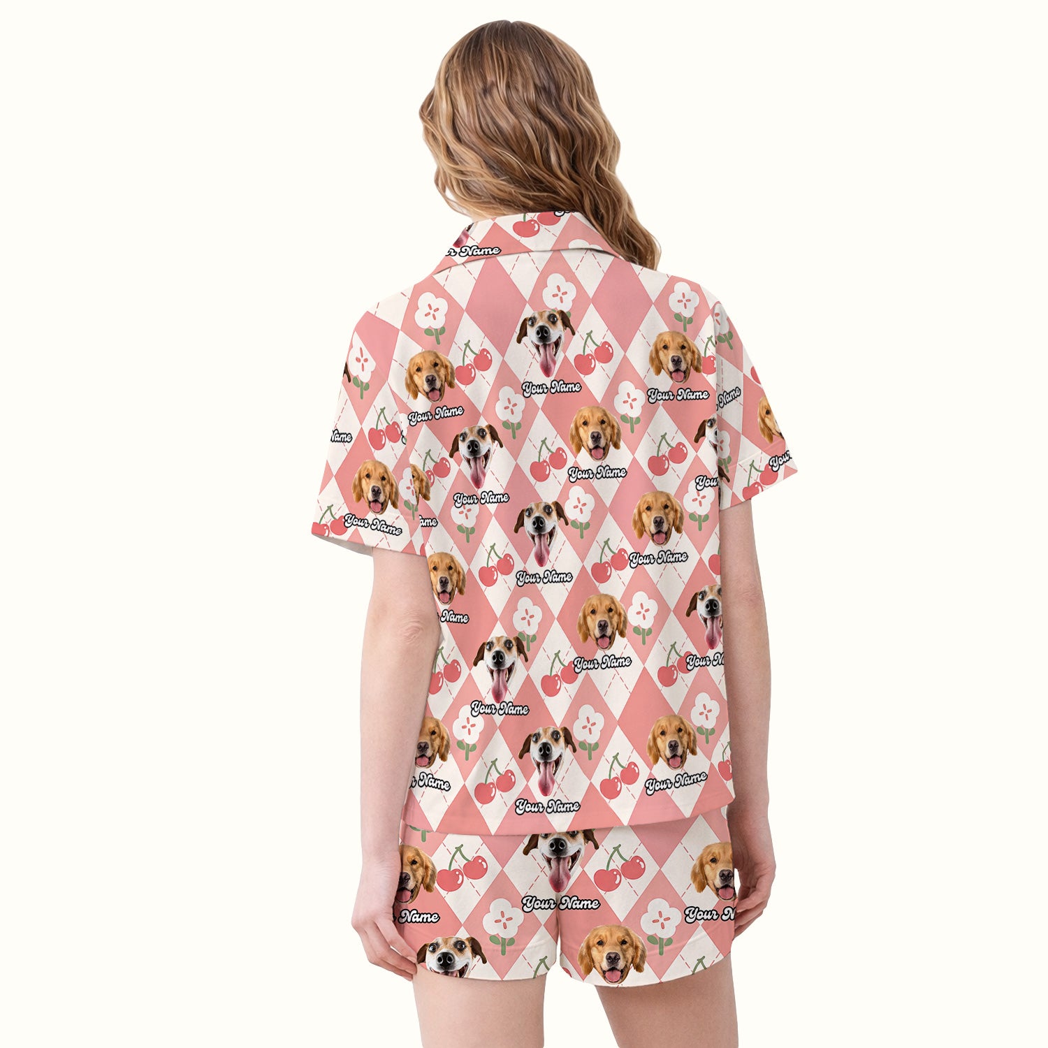 Custom Dog Face Pajama Set, Playful Dog Cherry Argyle Pattern, Soft Breathable Fabric Comfortable Sleepwear