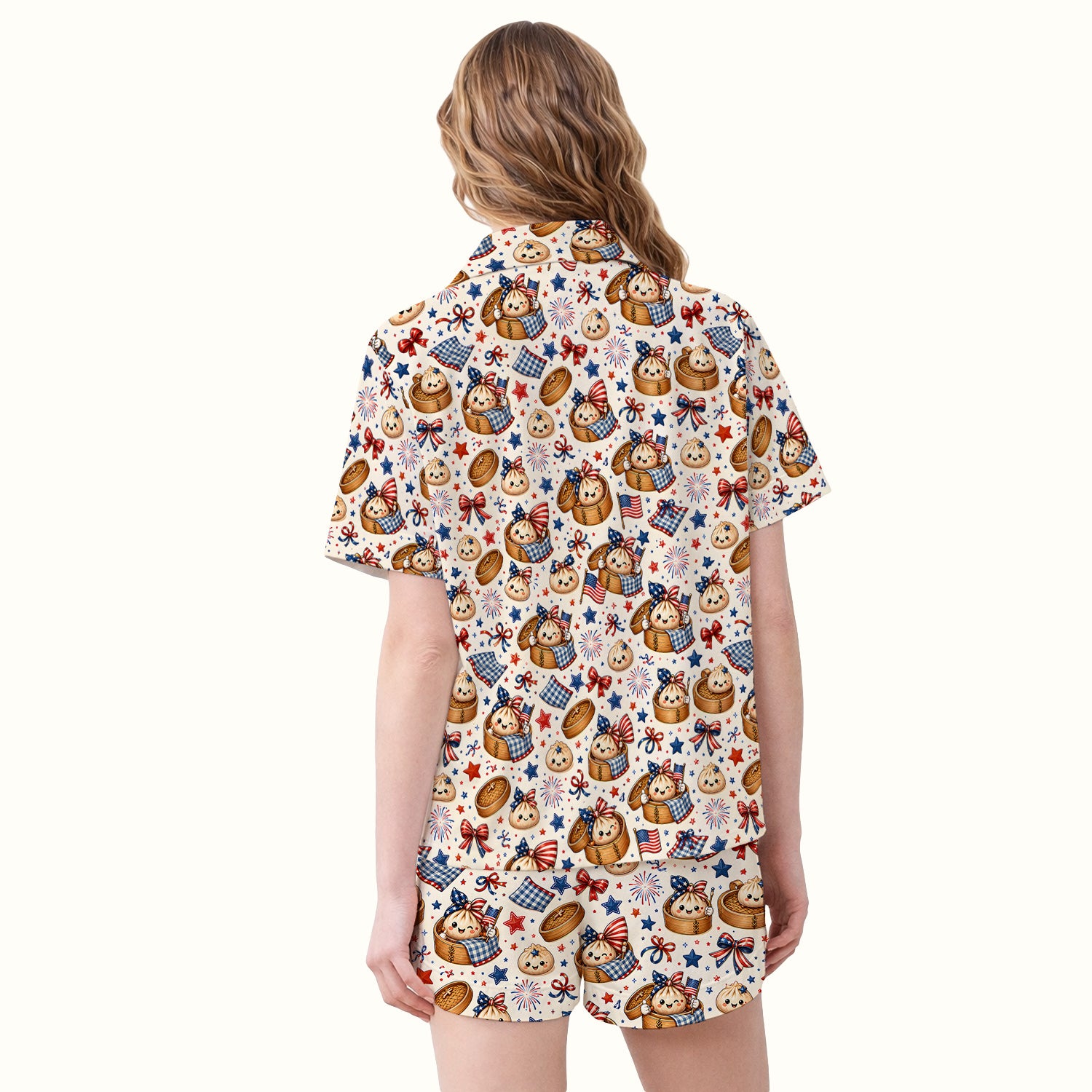 Patriotic Dumpling Nurse Pattern Pajama Set, Soft Breathable Fabric Comfortable Sleepwear