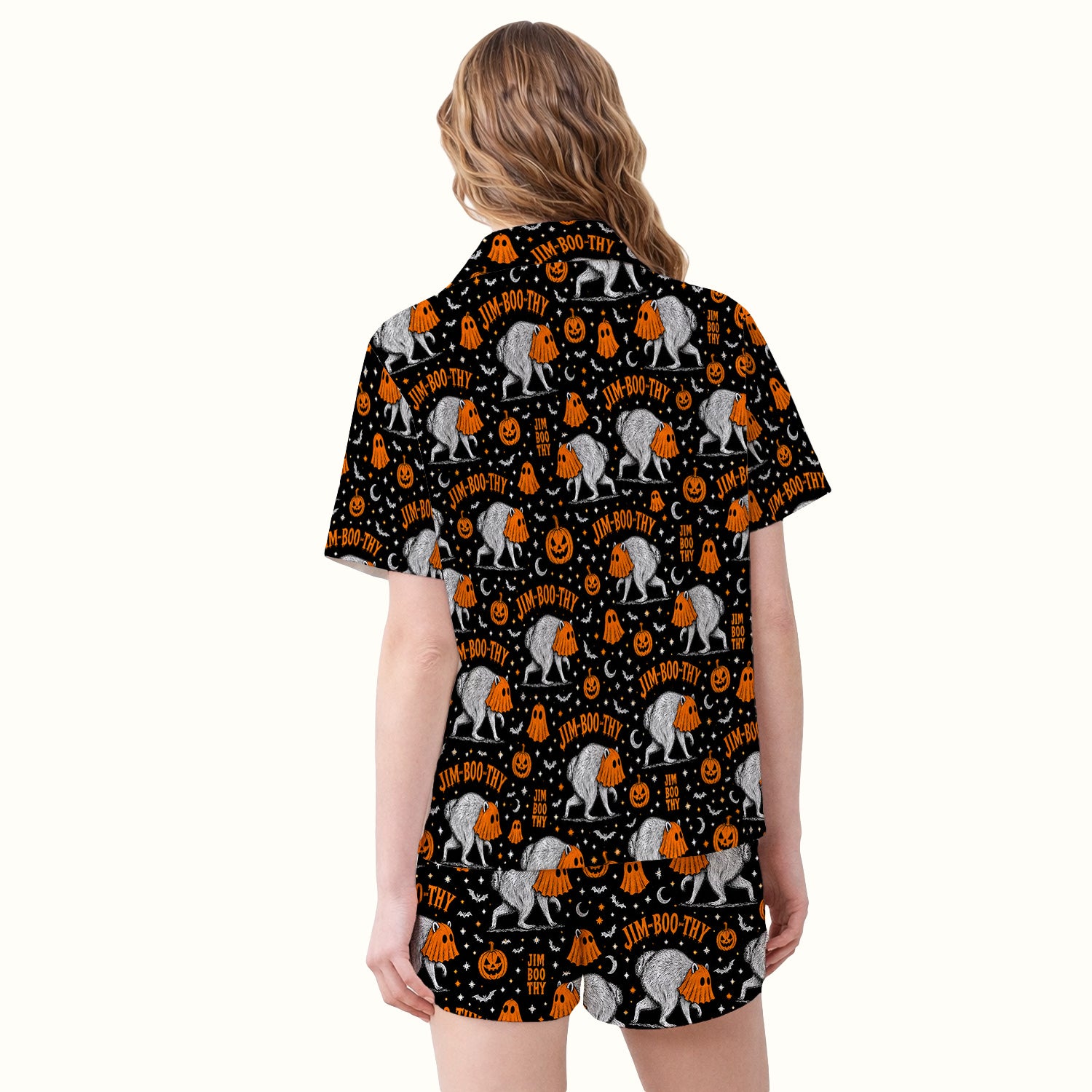 Funny Halloween Ghost Jimothy Pattern Pajama Set, Soft Breathable Fabric Comfortable Sleepwear